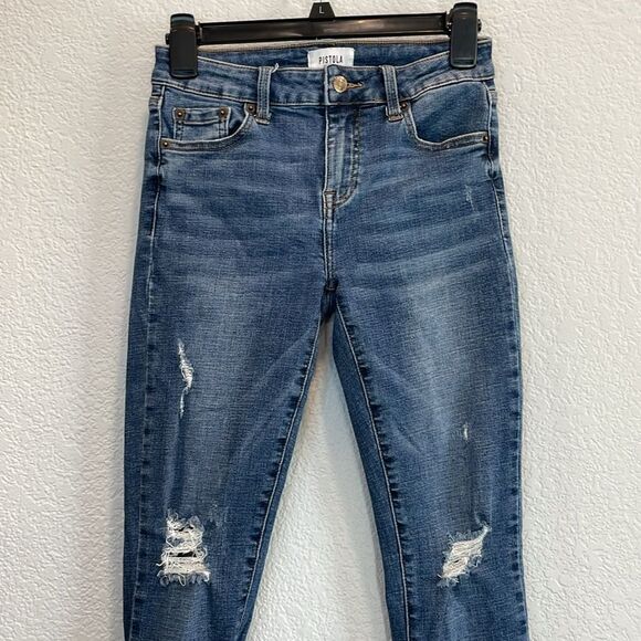 Pistola Arielle Scissor Cut Hem Distressed Medium Wash Skinny Jeans Size 25 - Picture 3 of 8
